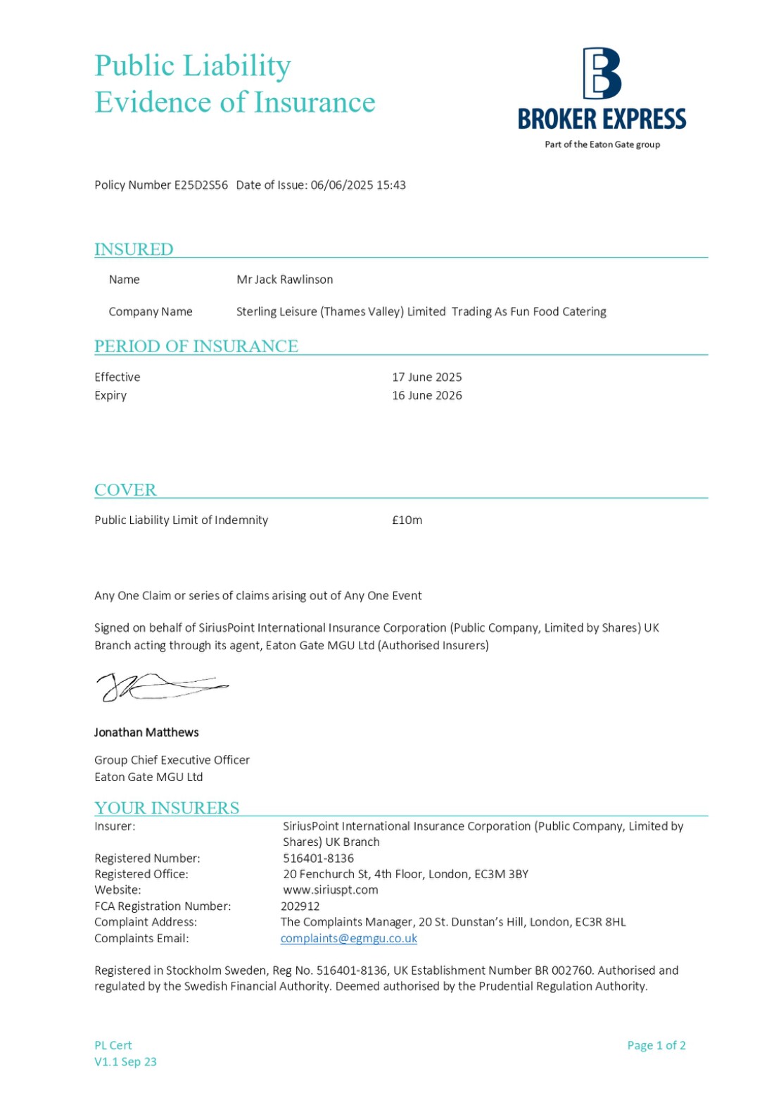 fun food catering public liability